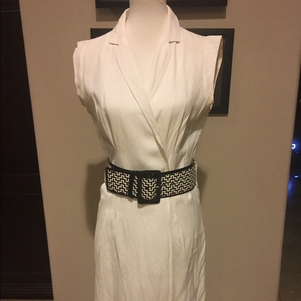 White wrap dress with wide black and white belt